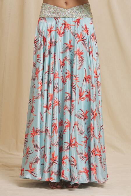 Tarini Vij Blue Satin Sequins Off-shoulder Tiger Lily Print Skirt With Off Top at Aza Fashions Tarini Vij_Blue Satin Sequins Off-shoulder Tiger Lily Print Skirt With Off Top _at_Aza_Fashions