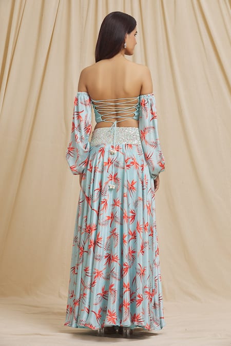 Tarini Vij Blue Satin Sequins Off-shoulder Tiger Lily Print Skirt With Off Top Online at Aza Fashions Tarini Vij_Blue Satin Sequins Off-shoulder Tiger Lily Print Skirt With Off Top _Online_at_Aza_Fashions