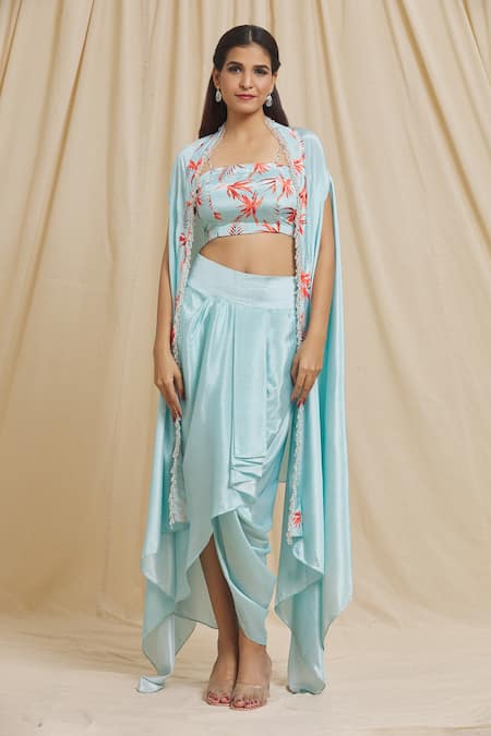 Buy_Tarini Vij_Blue Satin Beads Square Neck Tiger Lily Print Cape Draped Skirt Set 