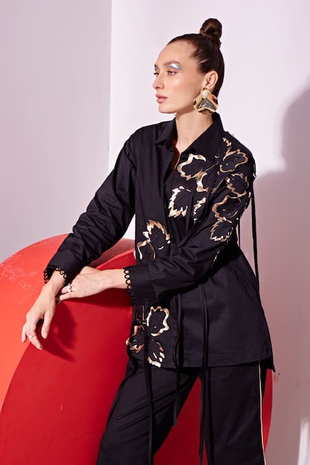 Vidhi Wadhwani_Black Cotton, Lycra Embroidery Ala Metallic Floral Motifs Shirt With Trouser _Online_at_Aza_Fashions