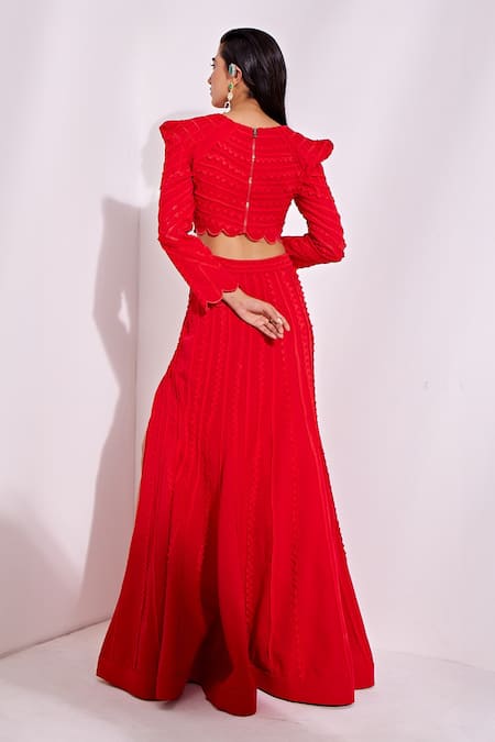 Shop Vidhi Wadhwani Red Crepe Applique, Embroidery Boat Neck Ania Geometric Lace Top With Slit Skirt at Aza Fashions Shop_Vidhi Wadhwani_Red Crepe Applique, Embroidery Boat Neck Ania Geometric Lace Top With Slit Skirt _at_Aza_Fashions