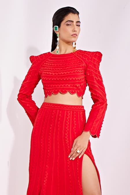 Buy Vidhi Wadhwani Red Stretch Crepe Ania Geometric Lace Top With