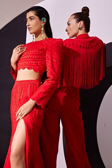 Buy Vidhi Wadhwani Red Crepe Applique, Embroidery Boat Neck Ania Geometric Lace Top With Slit Skirt Online at Aza Fashions Buy_Vidhi Wadhwani_Red Crepe Applique, Embroidery Boat Neck Ania Geometric Lace Top With Slit Skirt _Online_at_Aza_Fashions