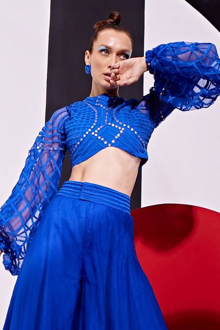 Vidhi Wadhwani_Blue Silk Organza Round Cari Weave Pattern Embellished Top With Palazzo Pant _Online_at_Aza_Fashions