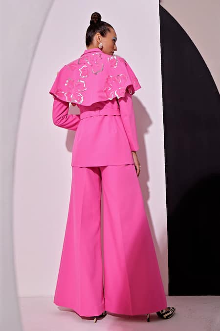Buy_Vidhi Wadhwani_Pink Crepe Applique 3d Blazer Jacket Pant Set _Online_at_Aza_Fashions