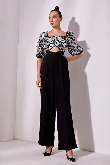 Vidhi Wadhwani Black Crepe Embroidery Square Neck Floral Jumpsuit 