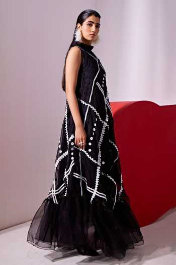 Vidhi Wadhwani Black Silk Organza Lace Round Neck Ira Trapeze Maxi Dress| AZA Fashions| Party