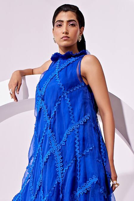 Vidhi Wadhwani_Blue Silk Organza Lace Round Neck Ira Trapeze Dress _Online_at_Aza_Fashions