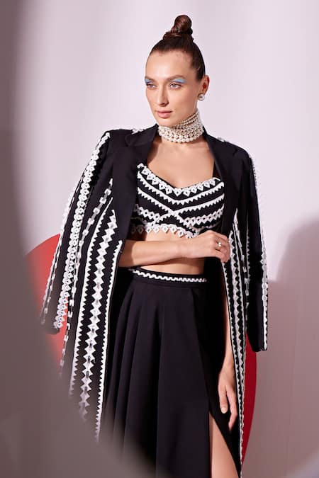 Vidhi Wadhwani_Black Crepe Applique, Lace Sweetheart Neck, Jashna Embellished Jacket Skirt Set _Online_at_Aza_Fashions