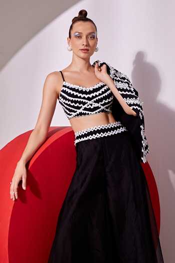 Vidhi Wadhwani_Black Crepe, Cotton Lace Sweetheart Neck, Collared Applique Jacket Palazzo Set _Online_at_Aza_Fashions