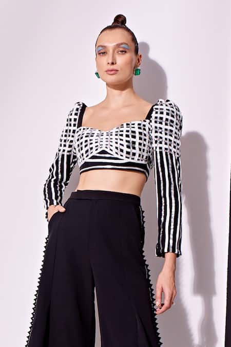 Vidhi Wadhwani Black Crepe Metallic Thread Sweetheart Neck Laces Crop Top And Balloon Pant Online at Aza Fashions Vidhi Wadhwani_Black Crepe Metallic Thread Sweetheart Neck Laces Crop Top And Balloon Pant _Online_at_Aza_Fashions