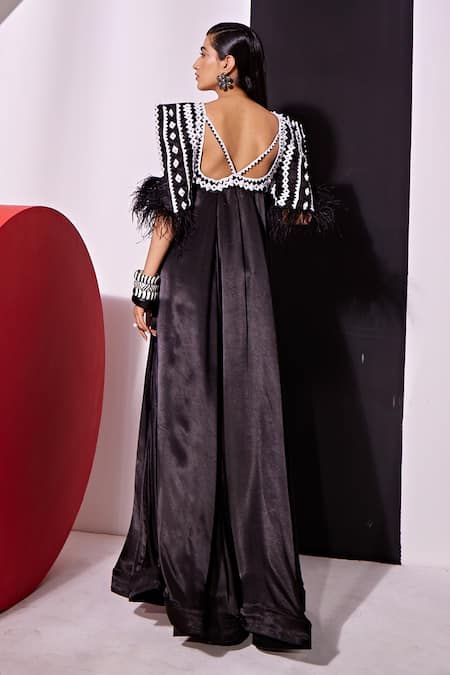 Shop_Vidhi Wadhwani_Black Cotton Satin, Linen Feathers, Applique V-neck Kasha Yoke Gown _at_Aza_Fashions
