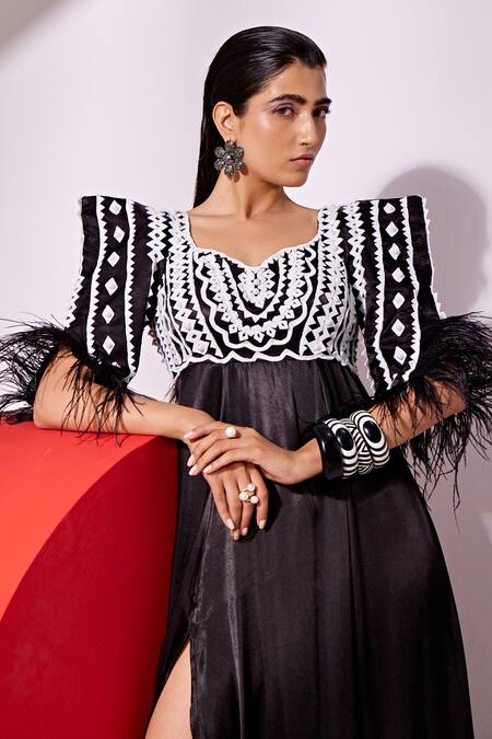Vidhi Wadhwani_Black Cotton Satin, Linen Feathers, Applique V-neck Kasha Yoke Gown _Online_at_Aza_Fashions