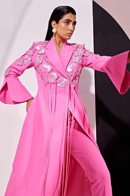 Vidhi Wadhwani_Pink Cotton, Crepe Tassels, Applique Collared Kyna Abstract Jacket With Pant _Online_at_Aza_Fashions