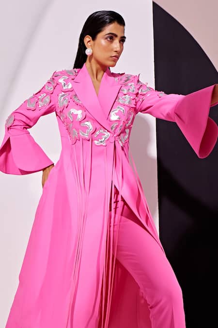 Buy_Vidhi Wadhwani_Pink Cotton, Crepe Tassels, Applique Collared Kyna Abstract Jacket With Pant _Online_at_Aza_Fashions