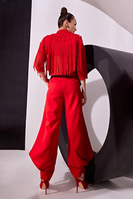Shop Vidhi Wadhwani Red Crepe, Cotton, Polyester Tassels, Applique Mimi Geometric Jacket Pant Set at Aza Fashions Shop_Vidhi Wadhwani_Red Crepe, Cotton, Polyester Tassels, Applique Mimi Geometric Jacket Pant Set _at_Aza_Fashions
