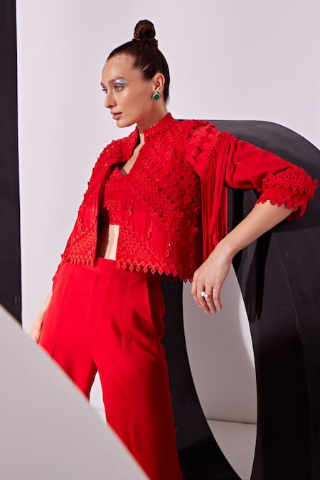 Vidhi Wadhwani Red Crepe, Cotton, Polyester Tassels, Applique Mimi Geometric Jacket Pant Set Online at Aza Fashions Vidhi Wadhwani_Red Crepe, Cotton, Polyester Tassels, Applique Mimi Geometric Jacket Pant Set _Online_at_Aza_Fashions