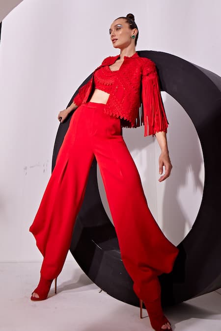 Buy Vidhi Wadhwani Red Crepe, Cotton, Polyester Tassels, Applique Mimi Geometric Jacket Pant Set Online at Aza Fashions Buy_Vidhi Wadhwani_Red Crepe, Cotton, Polyester Tassels, Applique Mimi Geometric Jacket Pant Set _Online_at_Aza_Fashions