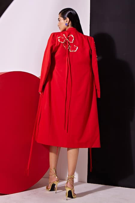 Shop Vidhi Wadhwani Red Cotton Embroidery V-neck Myra Applique Jacket at Aza Fashions Shop_Vidhi Wadhwani_Red Cotton Embroidery V-neck Myra Applique Jacket _at_Aza_Fashions