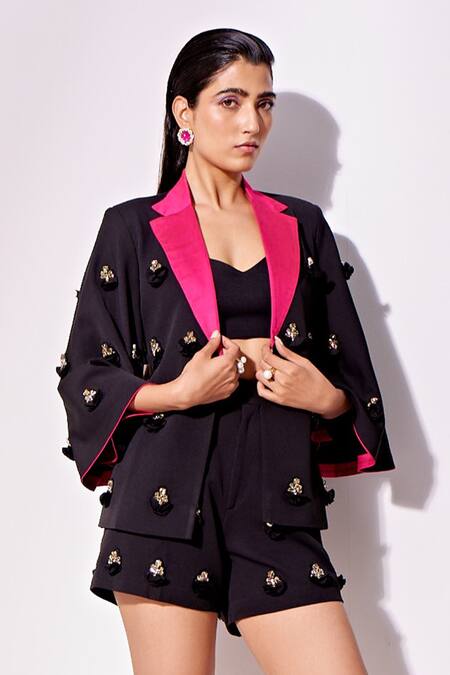 Vidhi Wadhwani_Black Cotton, Crepe Rhinestones Collared Raina Embellished Jacket With Shorts _Online_at_Aza_Fashions