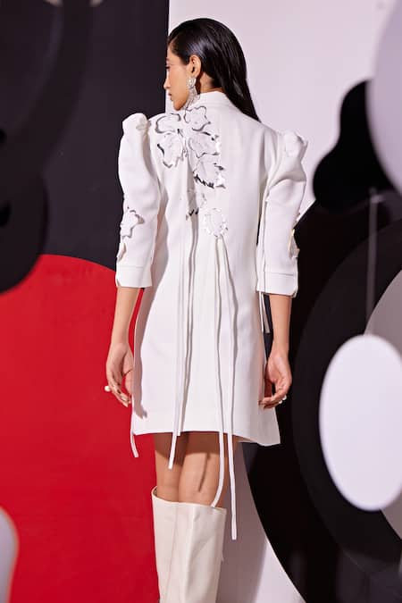 Shop_Vidhi Wadhwani_White Cotton, Crepe Applique Collared Shaya Leaf Blazer Dress _at_Aza_Fashions