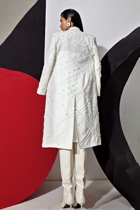Shop Vidhi Wadhwani White Cotton, Crepe Applique Round Neck, Simya Geometric Jacket Skirt Set at Aza Fashions Shop_Vidhi Wadhwani_White Cotton, Crepe Applique Round Neck, Simya Geometric Jacket Skirt Set _at_Aza_Fashions