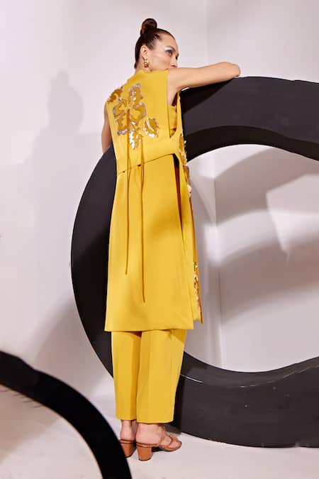 Shop Vidhi Wadhwani Yellow Cotton, Crepe Tassels, Applique Thia Foliage Trench Jacket Pant Set at Aza Fashions Shop_Vidhi Wadhwani_Yellow Cotton, Crepe Tassels, Applique Thia Foliage Trench Jacket Pant Set _at_Aza_Fashions