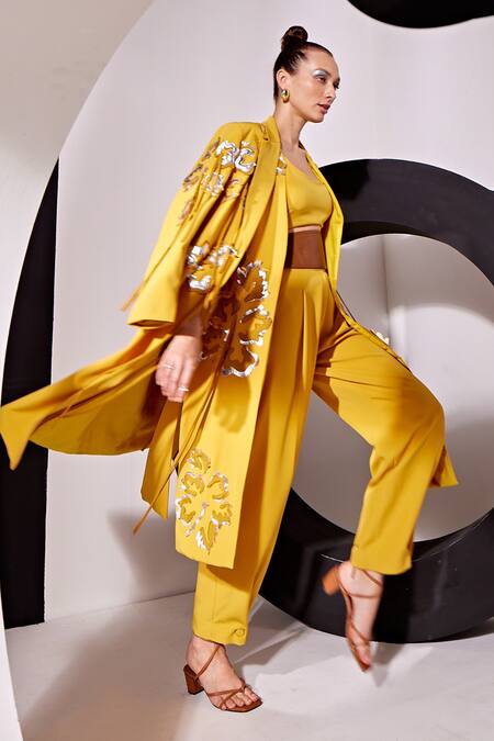 Vidhi Wadhwani Yellow Cotton, Crepe Tassels, Applique Thia Foliage Trench Jacket Pant Set Online at Aza Fashions Vidhi Wadhwani_Yellow Cotton, Crepe Tassels, Applique Thia Foliage Trench Jacket Pant Set _Online_at_Aza_Fashions