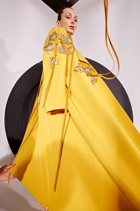 Buy Vidhi Wadhwani Yellow Cotton, Crepe Tassels, Applique Thia Foliage Trench Jacket Pant Set Online at Aza Fashions Buy_Vidhi Wadhwani_Yellow Cotton, Crepe Tassels, Applique Thia Foliage Trench Jacket Pant Set _Online_at_Aza_Fashions