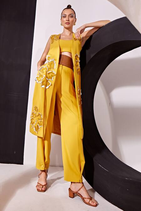 Shop Vidhi Wadhwani Yellow Cotton, Crepe Tassels, Applique Thia Foliage Trench Jacket Pant Set Online at Aza Fashions Shop_Vidhi Wadhwani_Yellow Cotton, Crepe Tassels, Applique Thia Foliage Trench Jacket Pant Set _Online_at_Aza_Fashions