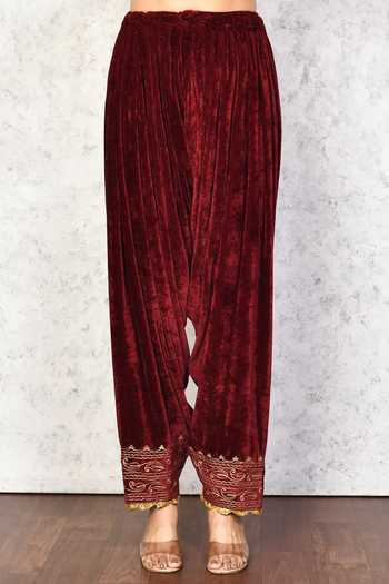 Samyukta Singhania Maroon Velvet, Chanderi Embroidery, Cut Work Round Neck Floral Kurta Pant Set Online at Aza Fashions Samyukta Singhania_Maroon Velvet, Chanderi Embroidery, Cut Work Round Neck Floral Kurta Pant Set _Online_at_Aza_Fashions