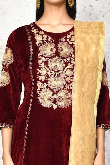 Buy Samyukta Singhania Maroon Velvet, Chanderi Embroidery, Cut Work Round Neck Floral Kurta Pant Set Online at Aza Fashions Buy_Samyukta Singhania_Maroon Velvet, Chanderi Embroidery, Cut Work Round Neck Floral Kurta Pant Set _Online_at_Aza_Fashions
