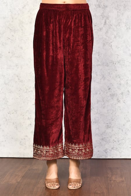 Shop_Samyukta Singhania_Maroon Velvet Embroidery Round Neck Floral Kurta And Palazzo Set _Online_at_Aza_Fashions