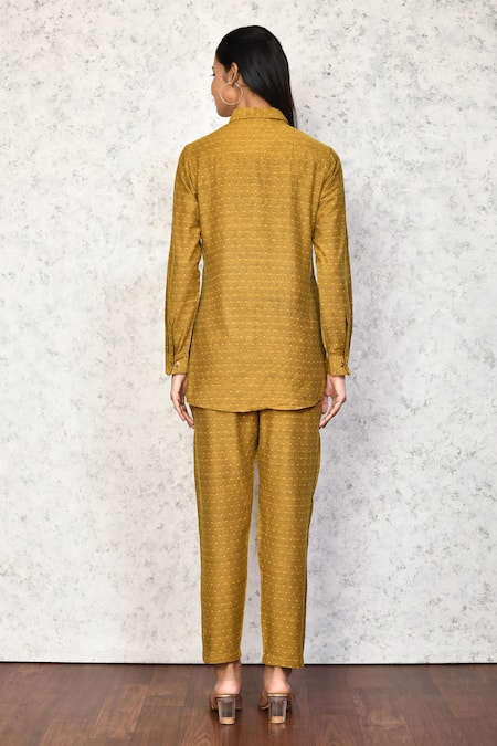 Shop Naintara Bajaj Yellow Cotton Collared Geometric Woven Shirt And Pant Set at Aza Fashions Shop_Naintara Bajaj_Yellow Cotton Collared Geometric Woven Shirt And Pant Set_at_Aza_Fashions