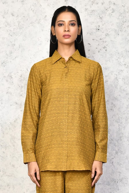 Buy Naintara Bajaj Yellow Cotton Collared Geometric Woven Shirt And Pant Set Online at Aza Fashions Buy_Naintara Bajaj_Yellow Cotton Collared Geometric Woven Shirt And Pant Set_Online_at_Aza_Fashions