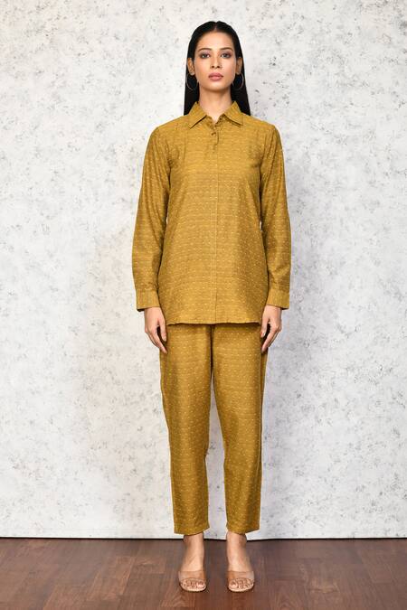 Shop Naintara Bajaj Yellow Cotton Collared Geometric Woven Shirt And Pant Set Online at Aza Fashions Shop_Naintara Bajaj_Yellow Cotton Collared Geometric Woven Shirt And Pant Set_Online_at_Aza_Fashions