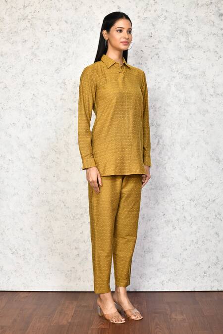 Naintara Bajaj Yellow Cotton Collared Geometric Woven Shirt And Pant Set at Aza Fashions Naintara Bajaj_Yellow Cotton Collared Geometric Woven Shirt And Pant Set_at_Aza_Fashions