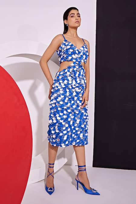 Vidhi Wadhwani Blue Stretch Crepe Metallic Spheres Sweetheart Neck Disco Circles Cut Out Dress 