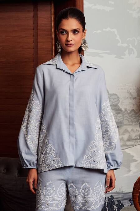 Qala Clothing Blue Cotton Embroidery Shawl Neck Nazrana Schiffli Pattern Shirt With Pant Online at Aza Fashions Qala Clothing_Blue Cotton Embroidery Shawl Neck Nazrana Schiffli Pattern Shirt With Pant _Online_at_Aza_Fashions