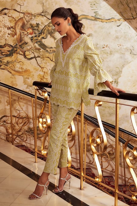 Qala Clothing_Green Cotton Embroidery V-neck Aafreen Schiffli Pattern Top With Pant _Online_at_Aza_Fashions