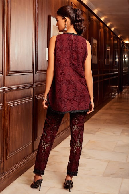 Shop Qala Clothing Maroon Cotton Embroidery Round Neck Aroka Blossom Schiffli Top With Pant at Aza Fashions Shop_Qala Clothing_Maroon Cotton Embroidery Round Neck Aroka Blossom Schiffli Top With Pant _at_Aza_Fashions