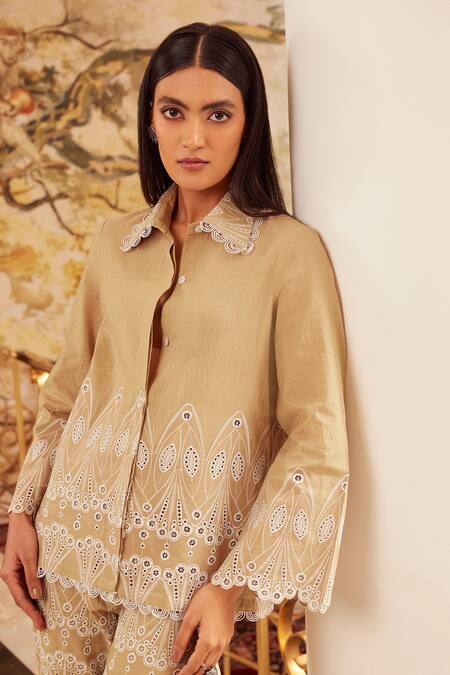 Qala Clothing Green Cotton Embroidery Shawl Neck Hosana Floral Schiffli Shirt With Pant Online at Aza Fashions Qala Clothing_Green Cotton Embroidery Shawl Neck Hosana Floral Schiffli Shirt With Pant _Online_at_Aza_Fashions