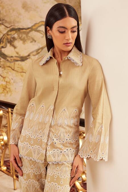 Buy Qala Clothing Green Cotton Embroidery Shawl Neck Hosana Floral Schiffli Shirt With Pant Online at Aza Fashions Buy_Qala Clothing_Green Cotton Embroidery Shawl Neck Hosana Floral Schiffli Shirt With Pant _Online_at_Aza_Fashions