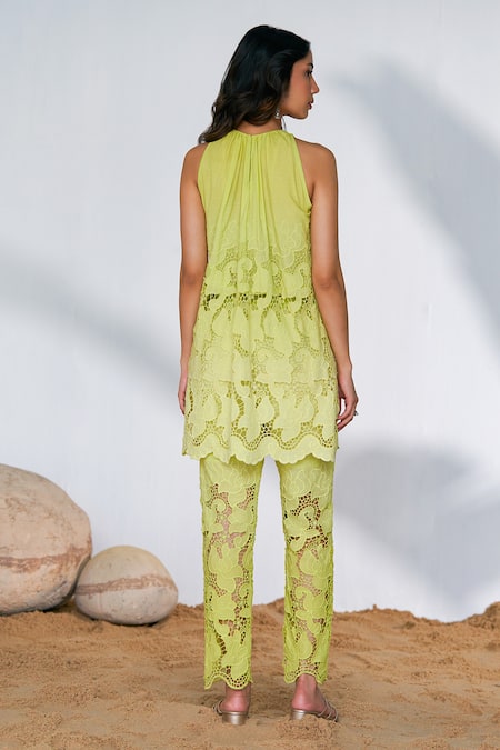 Shop Qala Clothing Green Cotton Embroidery Round Neck Floral Schiffli Top And Pant Set at Aza Fashions Shop_Qala Clothing_Green Cotton Embroidery Round Neck Floral Schiffli Top And Pant Set _at_Aza_Fashions