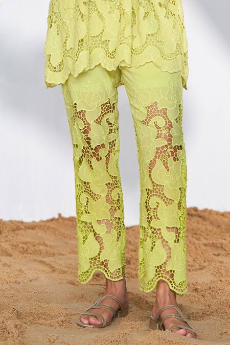 Shop Qala Clothing Green Cotton Embroidery Round Neck Floral Schiffli Top And Pant Set Online at Aza Fashions Shop_Qala Clothing_Green Cotton Embroidery Round Neck Floral Schiffli Top And Pant Set _Online_at_Aza_Fashions