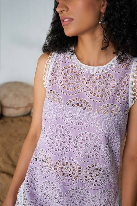 Qala Clothing Purple Cotton Embroidery Round Neck Zoya Pastel Schiffli Top With Pant Online at Aza Fashions Qala Clothing_Purple Cotton Embroidery Round Neck Zoya Pastel Schiffli Top With Pant _Online_at_Aza_Fashions