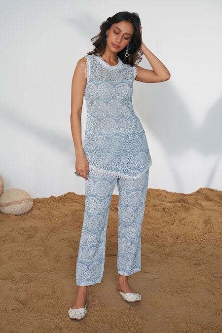 Qala Clothing Blue Cotton Embroidery Round Neck Nora Circular Schiffli Top With Pant 
