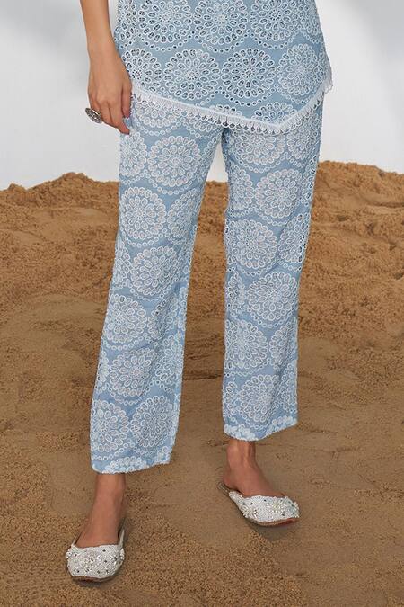Qala Clothing Blue Cotton Embroidery Round Neck Nora Circular Schiffli Top With Pant Online at Aza Fashions Qala Clothing_Blue Cotton Embroidery Round Neck Nora Circular Schiffli Top With Pant _Online_at_Aza_Fashions