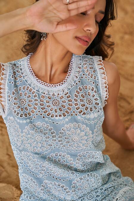 Shop Qala Clothing Blue Cotton Embroidery Round Neck Nora Circular Schiffli Top With Pant Online at Aza Fashions Shop_Qala Clothing_Blue Cotton Embroidery Round Neck Nora Circular Schiffli Top With Pant _Online_at_Aza_Fashions