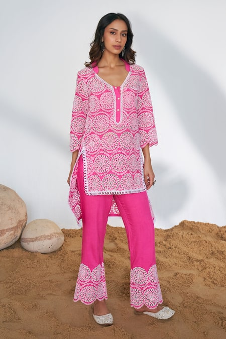 QALA CLOTHING Pink Top Cotton Floral Selma High Low Tunic With Pant 